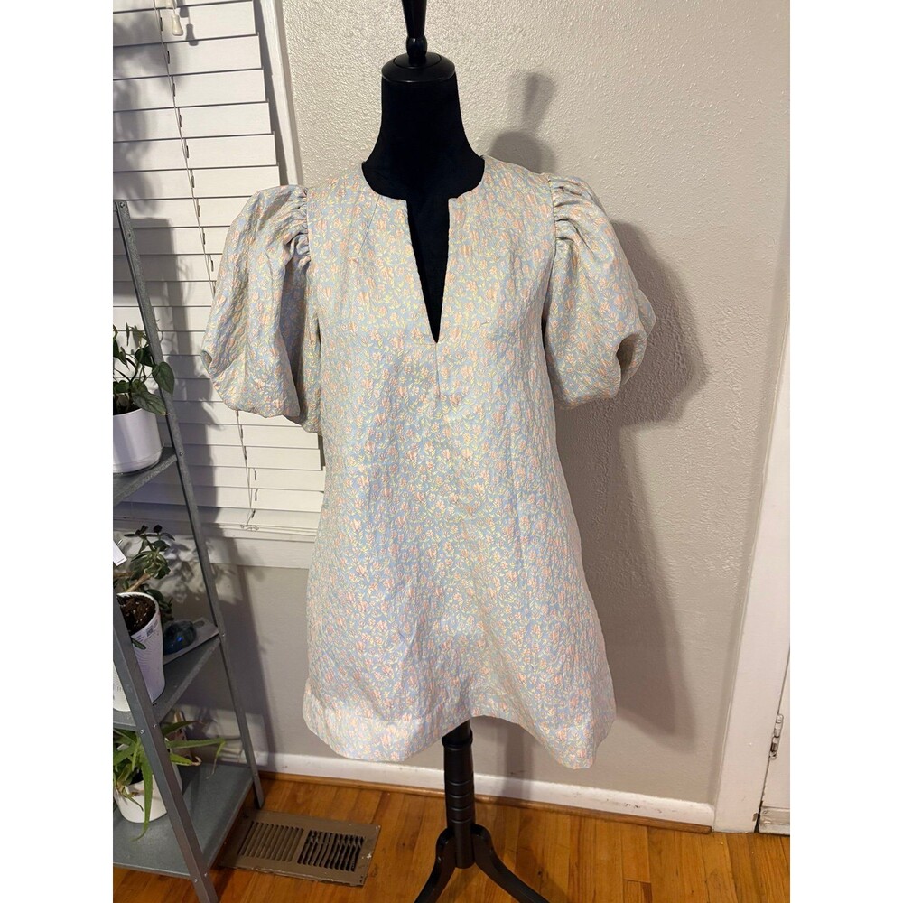 Mable Jacquard Puff Sleeve Pastel Floral Mini Dress  Size S